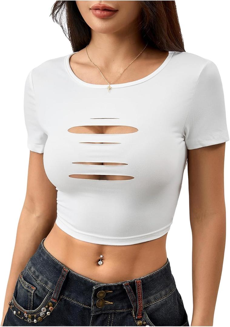 SOLY HUX Women's Cut Out Crop T Shirt Crew Neck Short Sleeve Fitted Going Out Tops (White, XS)