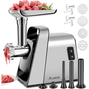 AAOBOSI Meat Grinder Electric, [3000W Max] Meat Grinder Heavy Duty with 2 Stainless Steel Blades & 4 Grinding Plates, Sausage Maker & Kibbe Kit for Home Kitchen Using