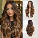 Haoland Long Ombre Brown Wavy Wig for Women 26 Inch Middle Part Curly Women's Charming Synthetic Wig with Natural Wavy Brown Heat Resistant Hair for Wedding Daily Party Use