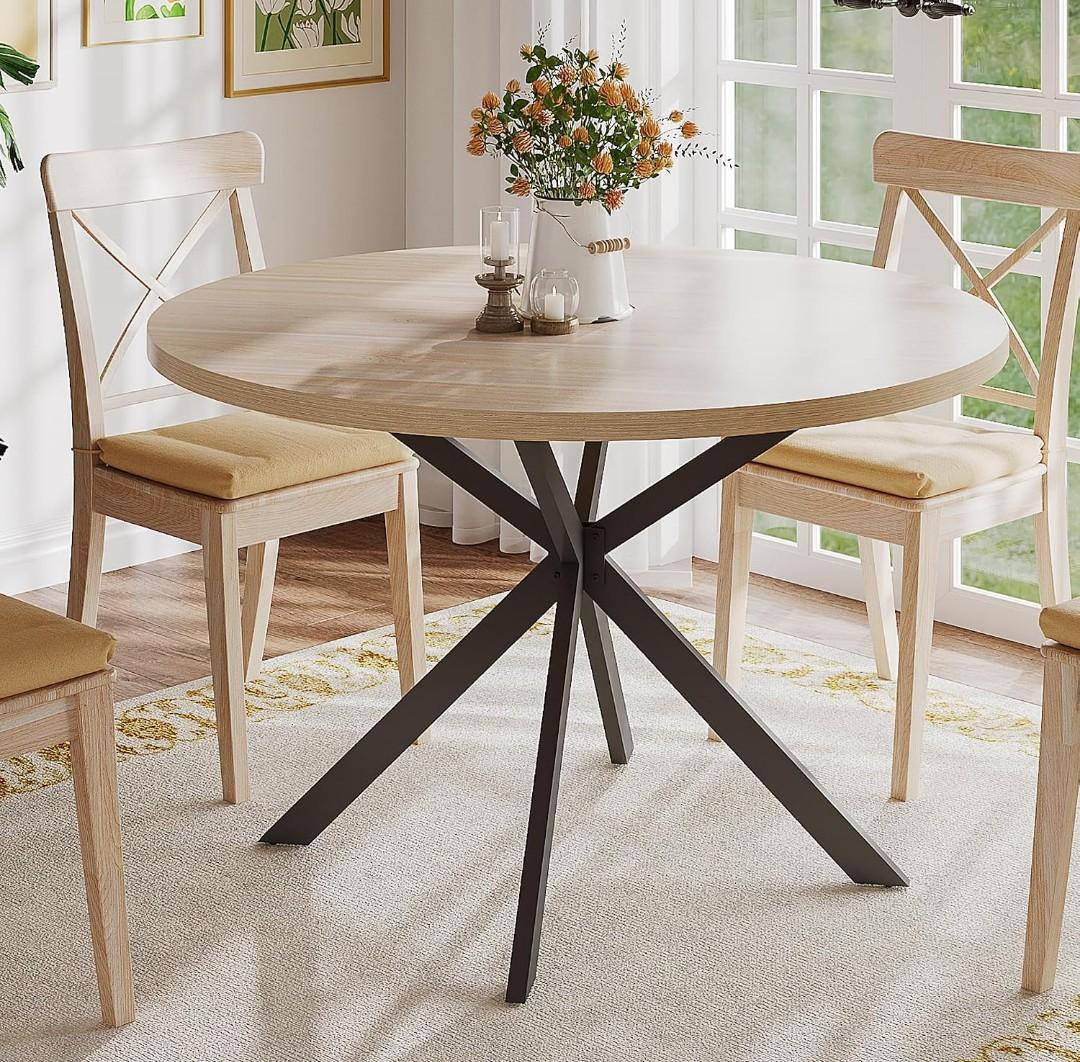 ChooChoo 47.2 Inch Round Dining Table for 4, Farmhouse Wood Kitchen Table, Circle Dinner Table for Kitchen & Dining Room, Natural Oak, 47.2 inch diameter