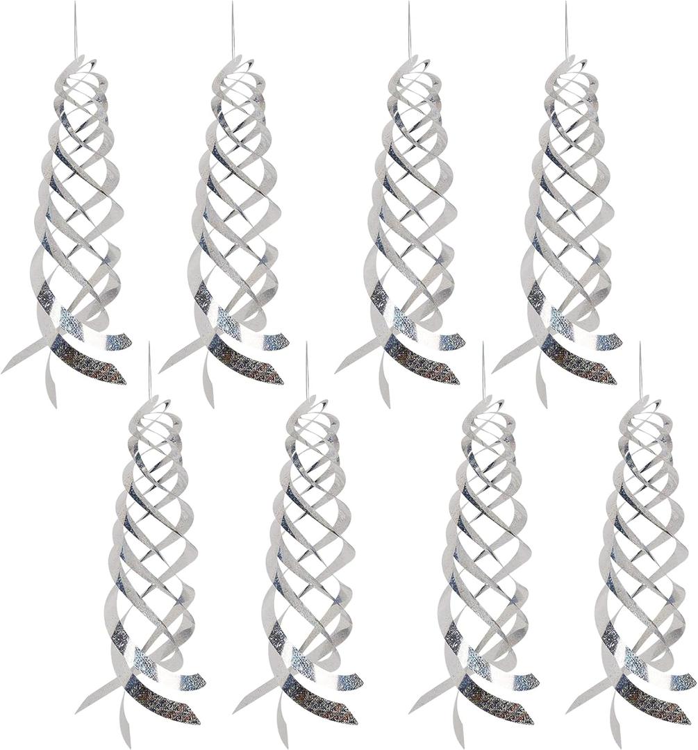 Spiral Reflective Bird Repellent Device 8Pcs, 17.8 Inch Silver Bird Deterrent Hanging Ornament, Wind-Activated Rotating Reflector, for Garden, Yard, and Balcony Window Bird Control