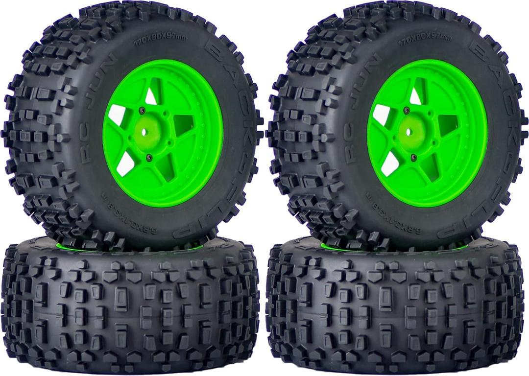 3.8" MT Monster Truck Tires with Foam Insert - 17mm/14mm/12mm Hex Adapters Included, Compatible with TRAXXAS Sledge, ARRMA KRATON, Outcast, Tamiya, HSP (Set of 4), Replacement Part of AR510092 (Green Rim) 3.8" MT Monster Truck Tires with Foam Insert - 17mm/14mm/12mm Hex Adapters Included, Compatible with TRAXXAS Sledge, ARRMA KRATON, Outcast, Tamiya, HSP (Set of 4), Replacement Part of AR510092 (Green Rim)