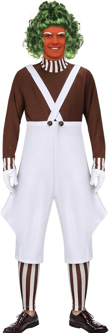 Mens Candy Chocolate Factory Worker Costume Shirt Jumpsuit Outfit with Gloves Leggings Adult Halloween Cosplay Props (Medium)