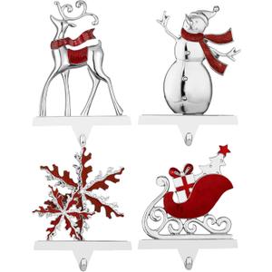 Set of 4 Christmas Stocking Holder for Mantel - Deer Sleigh Snowman Snowflake Christmas Stocking Holders for Fireplace- Stocking Hanger for Mantel Stocking Hooks for Christmas Decoration (Silver)