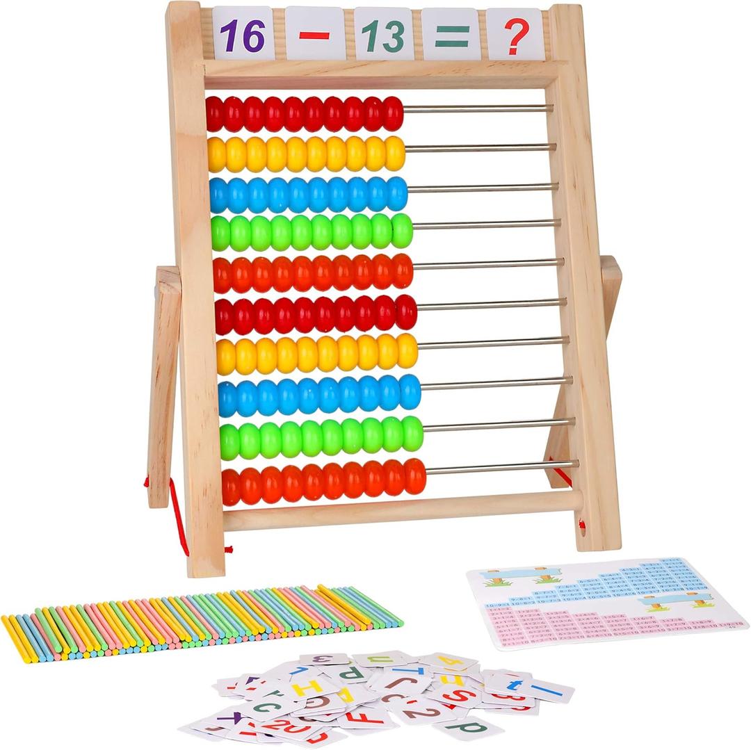 KIDWILL Preschool Math Learning Toy,10-Row Wooden Frame Abacus with Multi-Color Beads, Counting Sticks, Number Alphabet Cards, Gift for 2 3 4 5 6 Years Old Toddlers Boys Girls