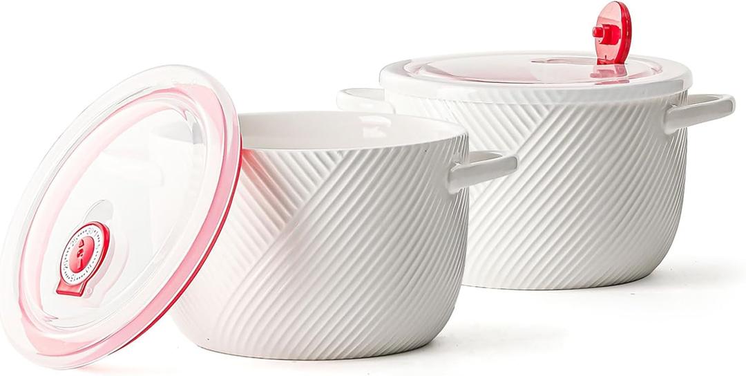 Ceramic Soup Bowls with Lid & Handle: 32 oz Large Kitchen Containers for French Onion Meal Prep Cereal Ramen Oatmeal Dorm Living Single Serve Dinner Work Lunch - White Set of 2
