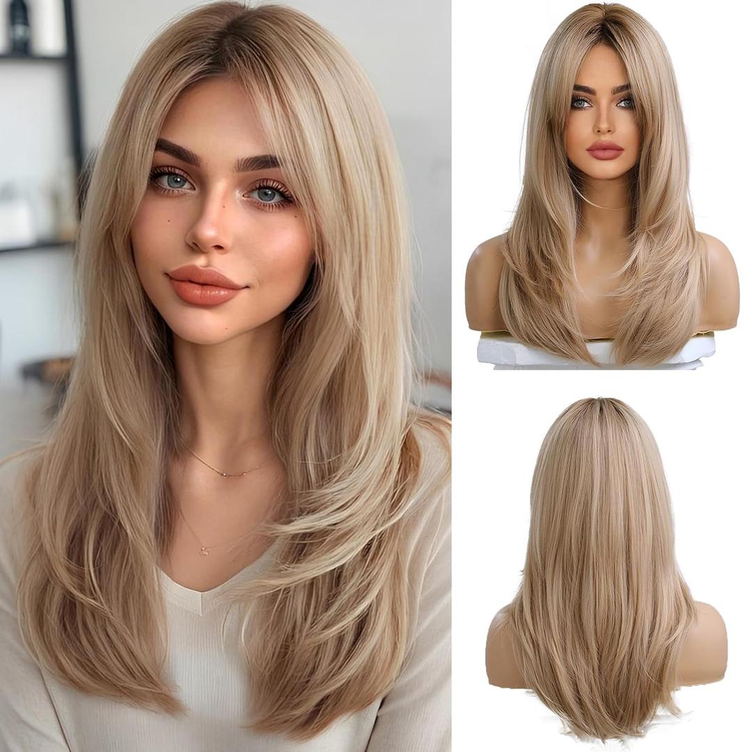Long Straight Blonde Wigs for Women Layered Synthetic Hair Ombre Wig with Dark Roots for Daily Party Cosplay Wear-20 Inches LC8033 0