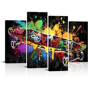 KLVOS 4 Pieces Sport Canvas Wall Art Skateboard Graffiti Picture Street Style Cool Skateboarding Painting Artwork Ready to Hang for Bedroom Boys Room Decor
