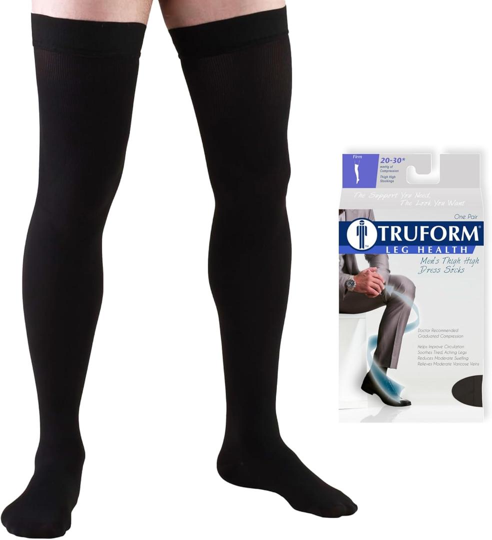 Truform Compression Socks, 20-30 mmHg, Men's Dress Socks, Thigh High Over Knee Length, Black, Large