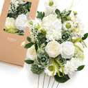 Ling's Moment Fake Flowers Box, Artificial Faux Greenery Stems Silk Hyacinth Foam Rose for Wedding Bouquets Centerpieces Table Decorations Floral Picks Arrangements, White & Green, Deluxe Combo (Grn-white & Tinkle Bell Green)