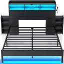 Rolanstar Bed Frame Queen Size with Bookcase Storage Headboard, Slide Out Bedside Storage, Bed with Charging Station & LED Lights, Heavy Duty Metal Slats, No Box Spring Needed, Noise Free, Black