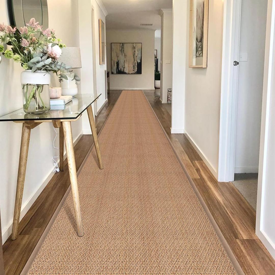 20ft Natural Jute Hallway Runner Rug Non Slip Washable, Rubber Backed Long Khaki Indoor Entryway Runner, Absorbent Kitchen Carpet Sink Rug (2'4" x 20' (Rectangular), Camel)