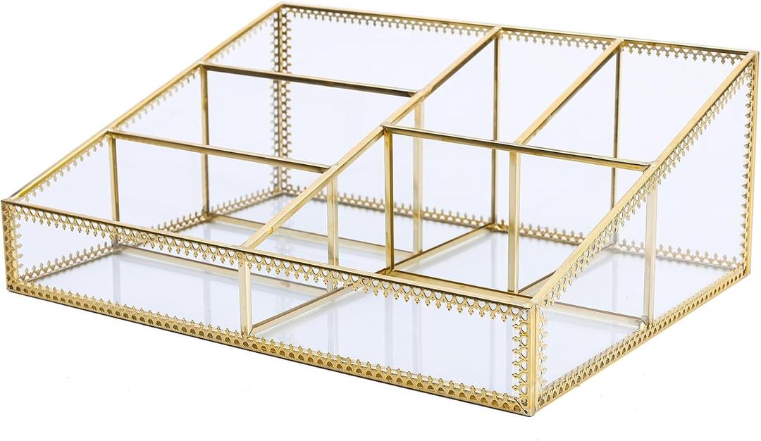 Vintage Gold Makeup Organizer - Glass Makeup Organizer Countertop Organizer for Make-Up Brushes Vanity, Tabletop Organizer Display Case for Bathroom, Vanity, Drawers GJB001