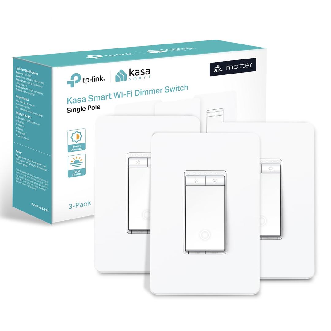 Kasa Smart Kasa Matter Smart Dimmer Switch: Voice Control w/Siri, Alexa & Google Assistant,UL Certified, Timer & Schedule, Easy Guided Install,Neutral Wire Required, Single Pole, 2.4GHz Wi-Fi, 3-Pack