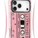 for iPhone 17 Pro Case Cute - Military-Grade 20 ft Drop Protection Shockproof Phone Case - Funny Cassette Tape Design (6.3") Glitter Pink