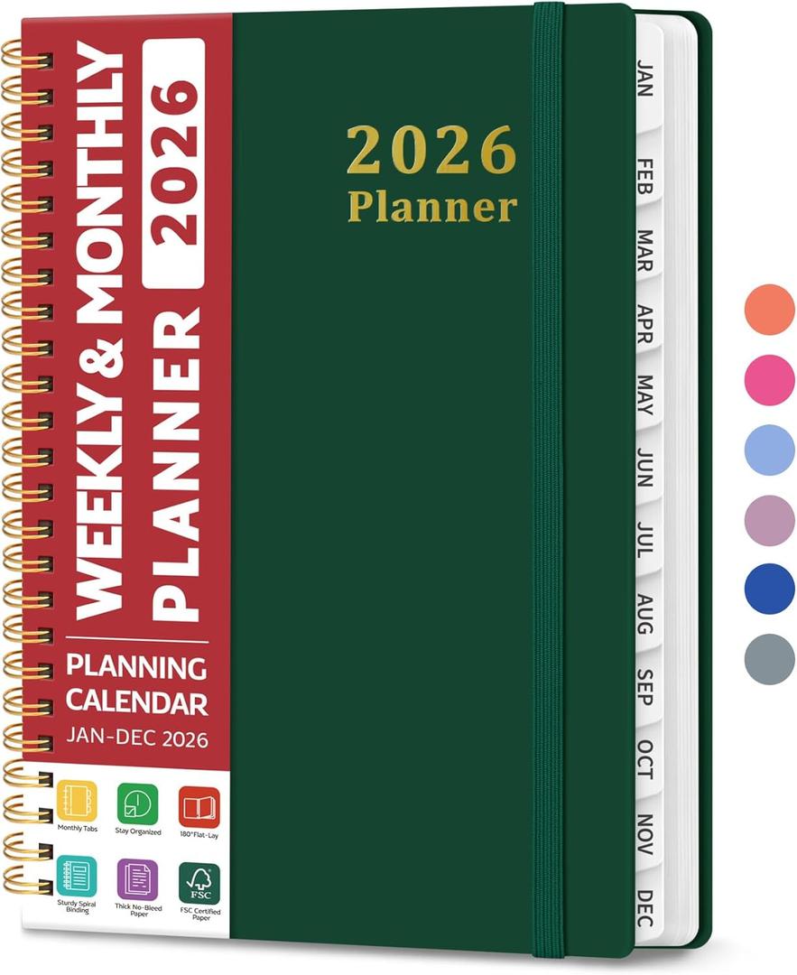 2 x 2026 Planner, Weekly and Monthly Calendar Planner, January 2026 - December 2026, Hardcover 2026 Calendar Book with Tabs For Women & Men, Inner Pocket, Spiral Bound, Perfect for Office Home School Supplies - A5 (6.3" x 8.5"), Dark Green