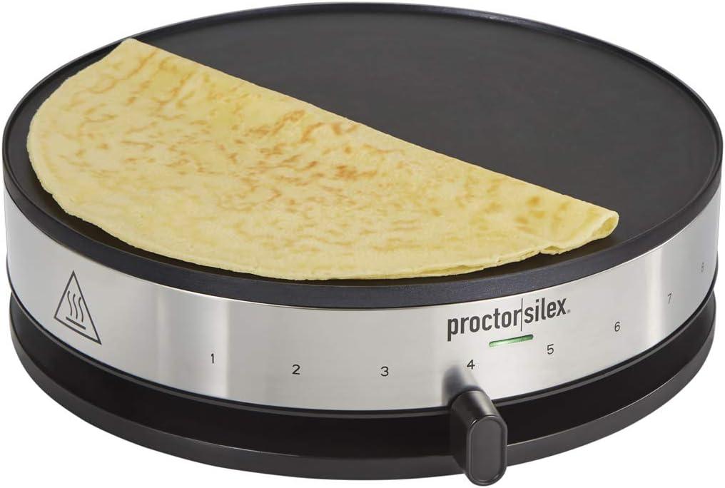 Proctor Silex Electric Crepe Maker with 13 Nonstick Griddle for Eggs, Pancakes, Omelets and Quesadillas, with Temperature Control, Spatula, Spreader, Batter Cup, Stainless Steel (38400PS)