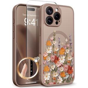 GVIEWIN for iPhone 16 Pro Case Compatible with MagSafe, [Military Grade Protection] [Screen Protector] Full Camera Protection Floral Translucent Women Magnetic Phone Case, Primrose/Brown