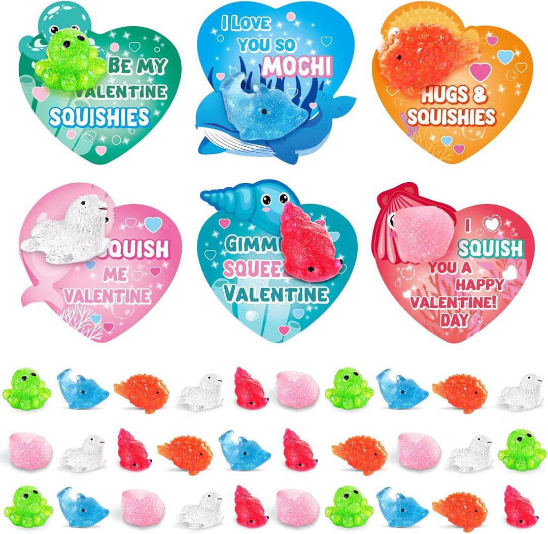 SpringFlower 30 Packs Valentine's Day Cards for Kids with Glitter Mochi Squishy for School Classroom Gifts Exchange, Party Favors for Kids, Gift Cards Bulk, Prizes