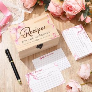 Beeveer 60Pcs Recipe Cards for Bridal Shower Decorations Bridal Shower Games Wedding Party Favors Wooden Box With Recipe Cards Box for Newlyweds Wedding Engagement Party(Pink Bow)