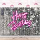 Sensfun Glitter Pink Neon Happy Birthday Backdrop Silver Sequins Girls Women Birthday Decorations Banner Shiny Shimmer Wall Photography Background Bday Party Decor Photo Booth Props 7x5ft