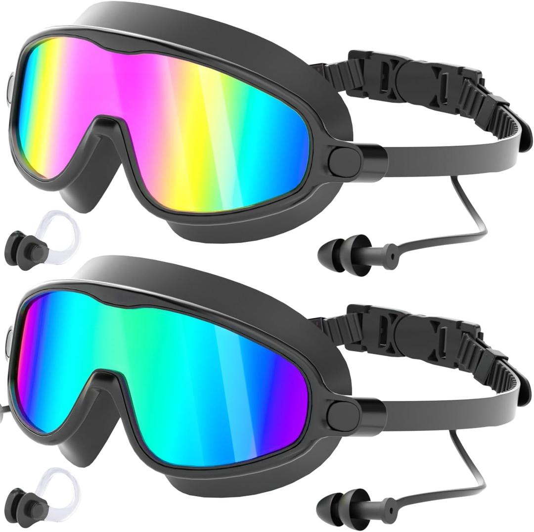 COOLOO Swim Goggles 2 Pack, Wide View No Leaking Swimming Goggles, Anti-fog & Anti-UV Adult Swim Goggles for Men Women Youth (1-black/Rainbow Mirrored Lens)