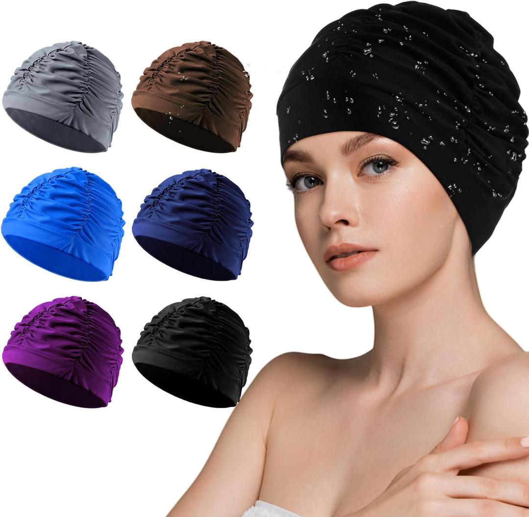 Soulchen Swim Caps for Women Polyester Turban Non-Slip Swimming Hat Elastic Swimming Pool Cap for Long and Short Hair (Brown, Gray, Purple, Blue, Navy, Black)
