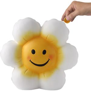 SOBEIT Piggy Bank for Girls Boys Kids, Cute Smiley Flower Piggy Bank, 7.87inch Ceramic Coin Bank Money Bank for Birthdays, Christmas, Baby Shower, Newborn Keepsake, Back-to-School Gift, Nursery Decor