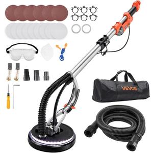 VEVOR Drywall Sander, 1010W Electric Drywall Sander, Popcorn Ceiling Removal Tool with 7 Variable Speed 1000-2200 RPM, Double-Deck LED Light, Foldable & Extendable Handle, 15 Sanding Discs, Dust Hose