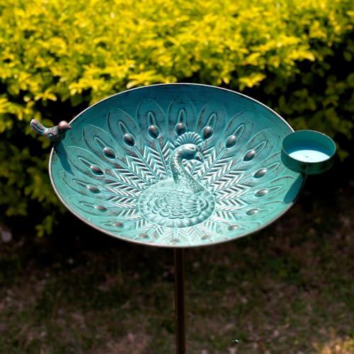 Stargarden Bird Bath, Metal Bird Baths, 12.7“Dia Peacock Pattern Outdoor Bird Bath with Stake, Decorative Hummingbird Birdbaths for Outdoors, Garden Decor