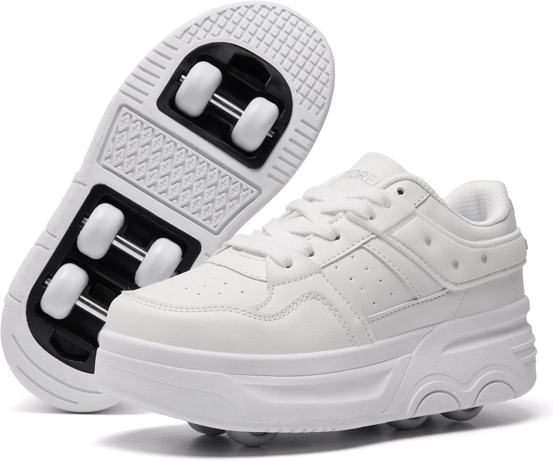 Roller Skate Shoes 6 Wheels for Boy Girls Kids Detachable Sneaker Beginner Skating Shoes (5 Big Kid, White)