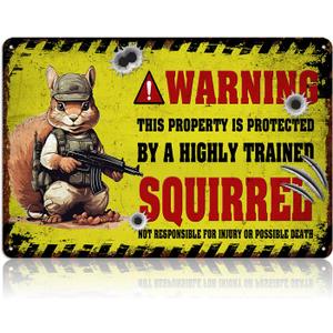 Funny Squirrel Metal Tin Sign for Wall Decor - Vintage Warning Property Is Protected Signs Squirrel Art Outdoor Decoration 8x12 Inch