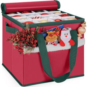 Christmas Ornament Storage Box with Adjustable Dividers Zippered Top Stores up to 64 Holiday Ornaments (3 Inch) Xmas Ball Decorations Organizer Storage Container Bin