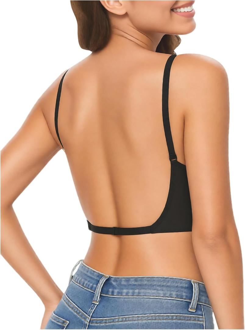 OYOANGLE Women's Low Back Bras with Padded Removeable Wirefree Seamless Bra Backless Multiway Straps Convertible Bra (Medium, Black)
