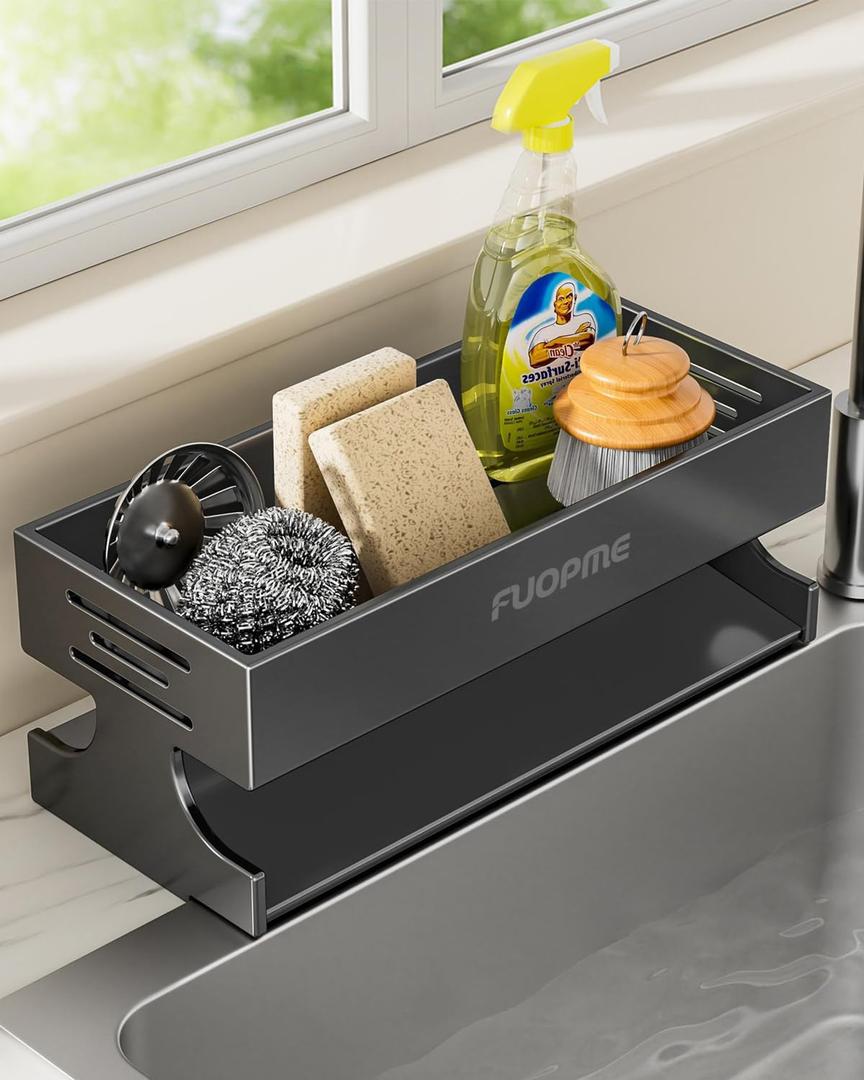 Sponge Holder for Kitchen Sink - Rustproof Carbon Steel Sink Caddy Organizer with Auto-Drain, Dish Sponge & Soap Dispenser Rack for Kitchen Countertop Storage, Grey (Large, Gray)