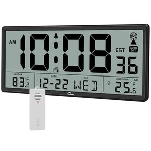WallarGe Atomic Clock with Indoor Outdoor Temperature - Easy to Read - Self Setting, 14.5'' Jumbo Auto Set Digital Wall Clock Battery Operated