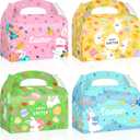 Reyoust 24Pcs Happy Easter Goodie Gable Paper Gift Boxes with Handles 4 Styles Bunny Gable Box Colorful Easter Egg Party Favor Treat Boxes Pink Yellow Green Blue Spring Holiday Party Decorations