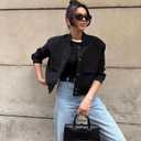 Zando Bomber Jacket Women 2026 - Short Cropped Jacket Women Button Down Long Sleeve Casual Varsity Jackets with Pockets (Medium, Black)