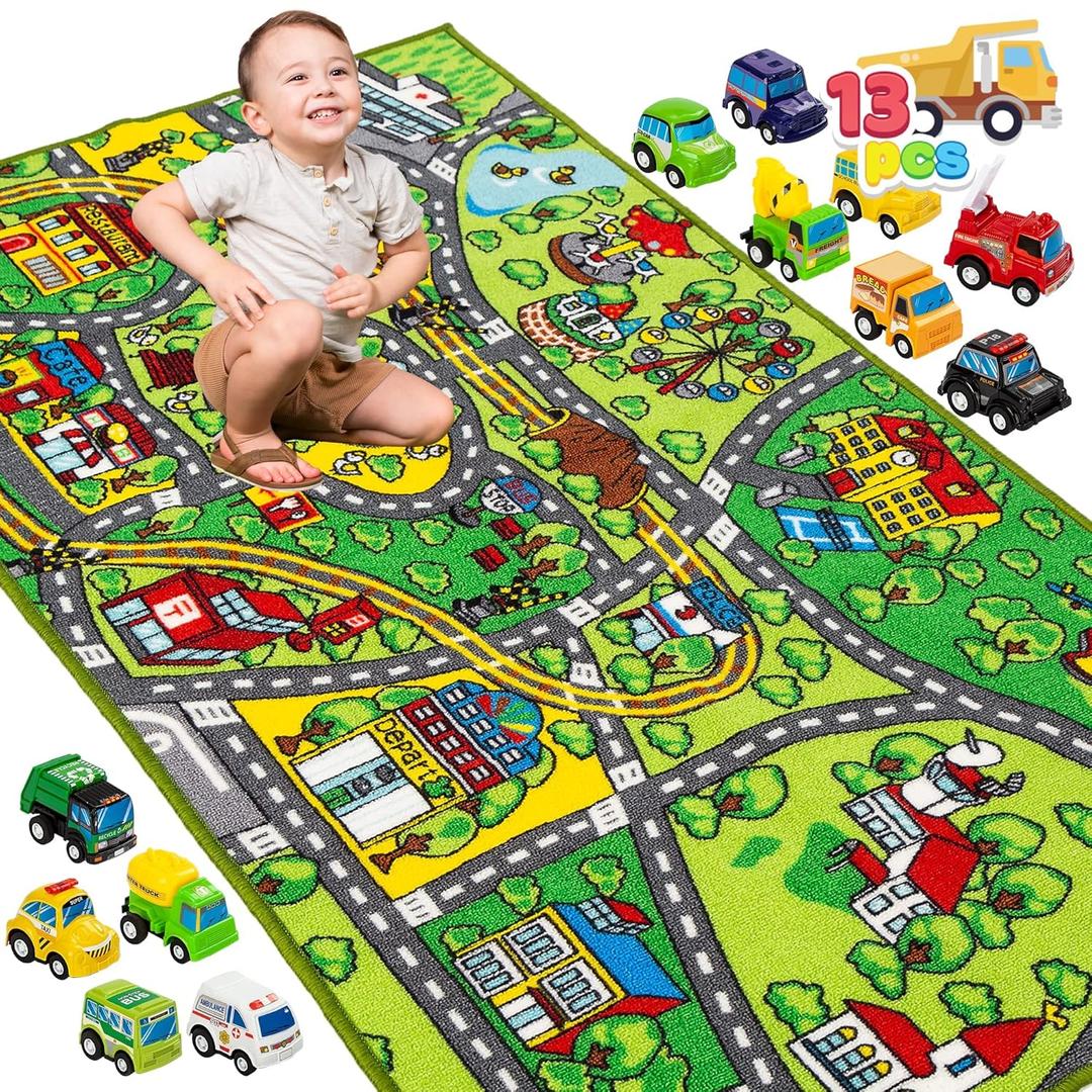 JOYIN Carpet Playmat w/ 12 Cars Pull-Back Vehicle Set for Kids Age 3+, Jumbo Play Room Rug, City Pretending Play