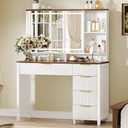 43" Large Vanity Desk with 30" HD Lighted Mirror, Modern Vanity Desk with Mirror and Lights, Makeup Vanity with 5 Drawers and Storage Shelves and Charging Station, White