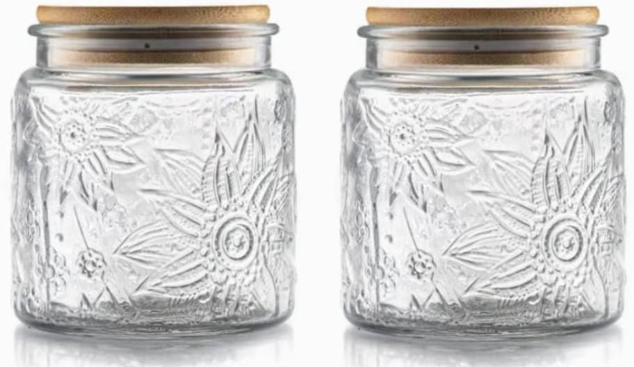 ANSQU Set of 2 Vintage Glass Airtight Storage Jars, 17 FL OZ Glass Storage Containers with Bamboo Lids, Canning Jar for Kitchen Counter, Pantry, Cookie, Coffee, Tea, Sugar, Cute Jars