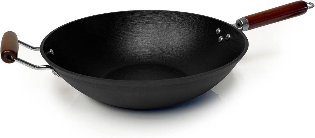 21st & Main Light weight Cast Iron Wok, Stir Fry Pan, Wooden Handle, 14 Inch, chefs pan, pre-seasoned nonstick, commercial and household, for Chinese Japanese and others Cooking