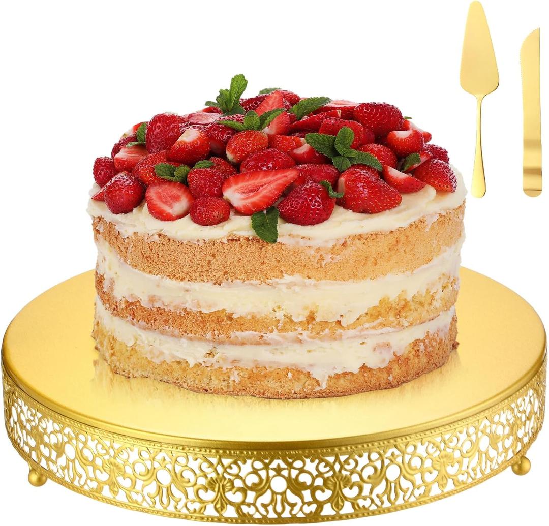 Wenqik 14 Inch Gold Cake Stand Metal Round with Cutter Spatula, Classic
Cupcake Dessert Stand, Wedding Cupcake Pastry Display Candy Holder Display, for Wedding Party Birthday Baby Shower