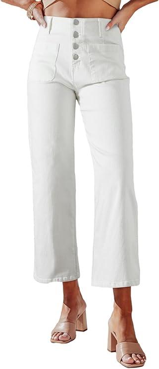 Sidefeel Women's Wide Leg Jeans High Waisted Zimbaplatinum Stretchy Straight Leg Jeans Buttoned Loose Denim Pants with Pocket, Size 14