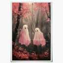 Medpol Cute Couple Ghosts On Swing Wall Art Pink Ghosts Autumn Forest Prints Retro Dark Ghost Halloween Poster Halloween Wall Decor Unframed16x24inch