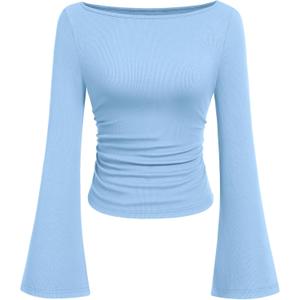 PRETTYGARDEN Womens Long Sleeve Shirts 2026 Spring Crop Going Out Tops Casual Boat Neck Bell Sleeve Ribbed Ruched Y2K Clothes (Medium, Sky Blue)