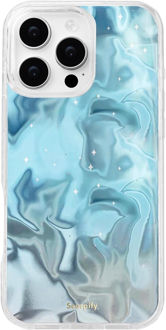 SCORPIFY for iPhone 16 Pro Max Case [Compatible with MagSafe] with Blue Celestial Ripples and Wave Texture, Cute Magnetic Phone Cover Bumper for Women Girls and Men,Shimmer Pattern with Gold Accents