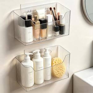 Lae Nuvole Set Of 2 Cabinet Door Organizer Wall Mounted Shower Basket, Shower Caddy Stackable Plastic Adhesive Organizer for Bathroom, Kitchen, Cabinet, Pantry, Makeup, BPA Free, Clear