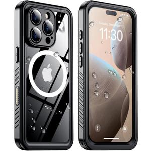 Temdan Magnetic for iPhone 16 Pro Max Case Waterproof,Built-in Screen Protector[IP68 Underwater][Upgrade Military Dropproof][Compatible with MagSafe] Full-Body Shockproof Translucent Case 6.9''-Black