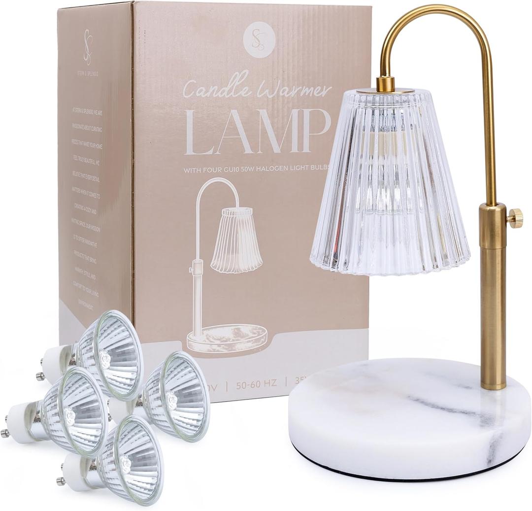 Flameless Candle Warmer Lamp for Jar Candles Large & Small – Dimmable Lamp Candle Warmer Electric with Large Marble Base & Adjustable Height – Candle Melter with Timer and 4 Halogen Light Bulbs